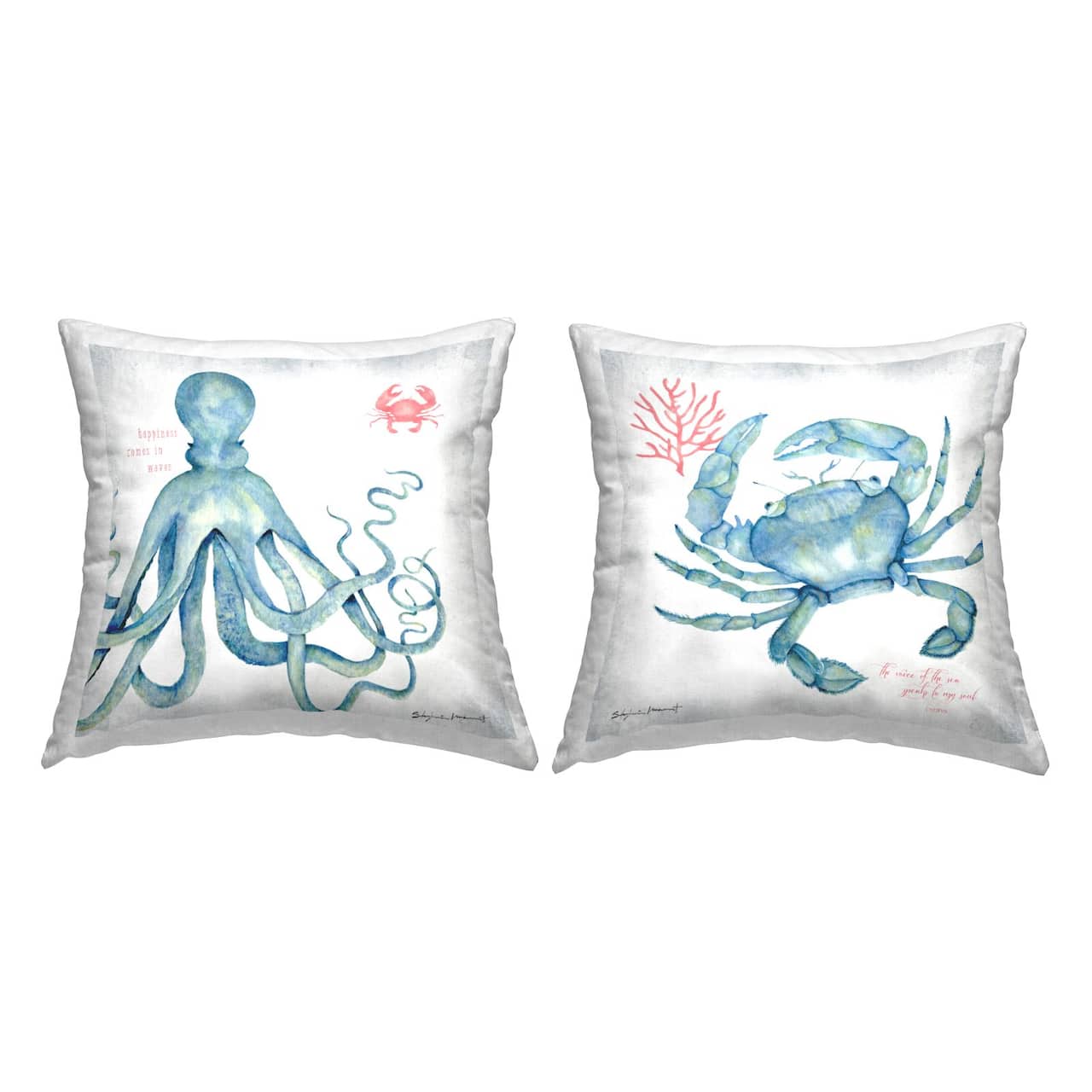 Stupell Industries Blue Aquatic Animals Ocean Botanicals Phrase 2 Pillow Set, 18" x 18"